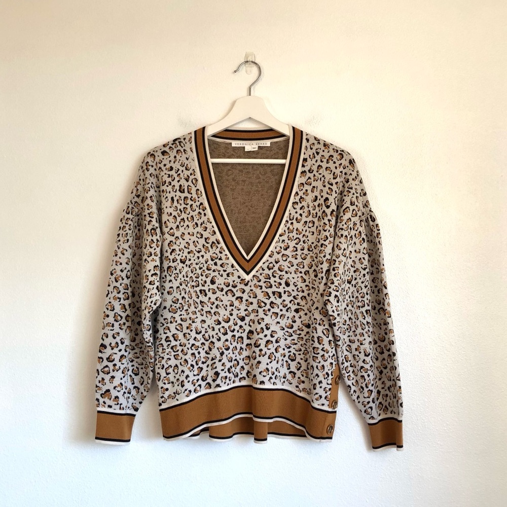 Veronica Beard Ronja Animal Print Merino Wool Blend V-Neck Sweater Size Large